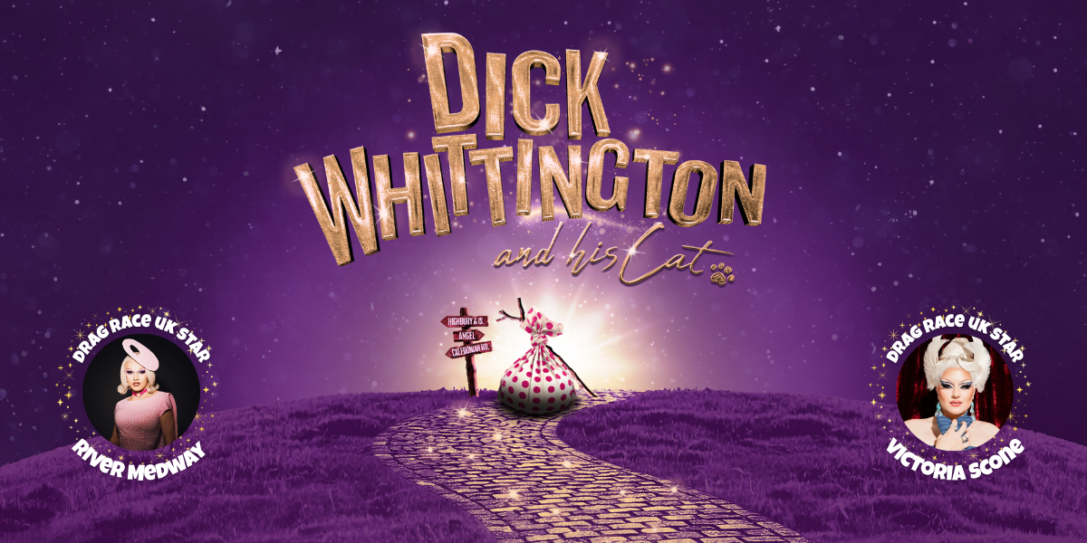 Dick Whittington stands confidently with his cat, surrounded by a vibrant, whimsical backdrop of London.